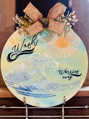 Homemade “Wash Your Worries Away”12”Round Wall Sign - Sun & Wave